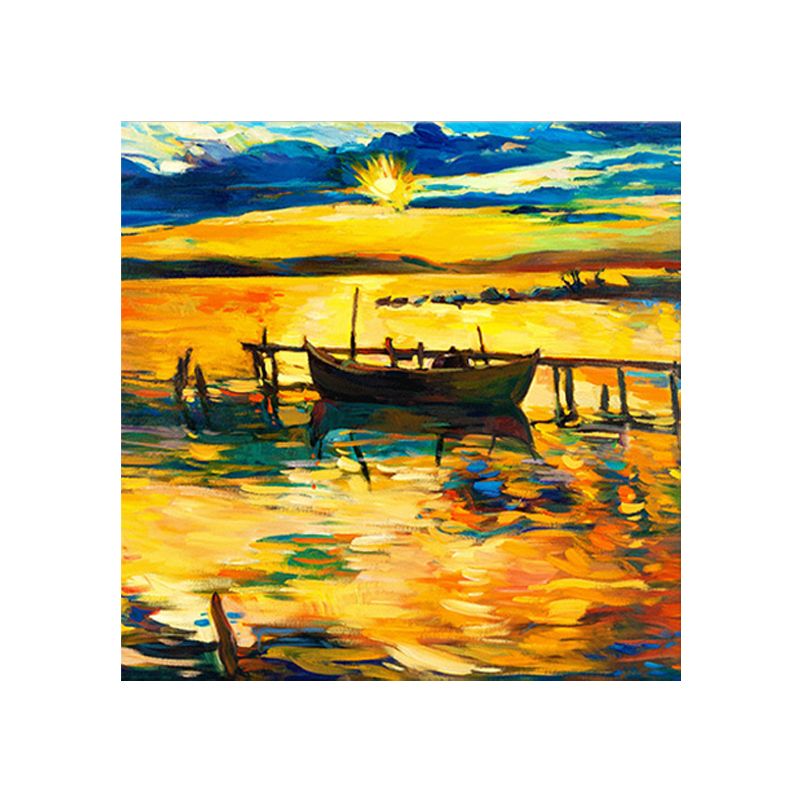 Boat and Sunset Seascape Painting Canvas Print Orange Tropix Wall Art for Family Room