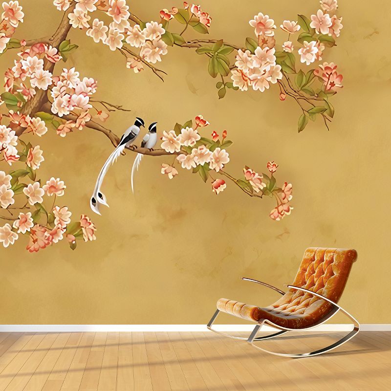 Illustration Magnolia Mural Wallpaper for Living Room, Full Size Wall Art in Yellow and Pink