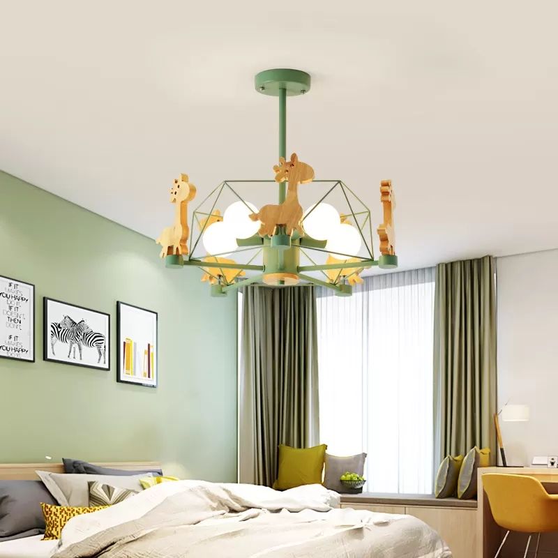 Draadframe semi -spoelmontage licht met giraf 5 koppen kinderen metalen plafondlamp voor kinderslaapkamer