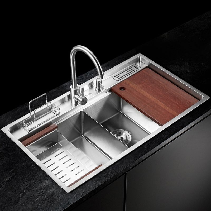 Modern Kitchen Sink Stainless Steel Double Sink with Grid and Strainer Workstation