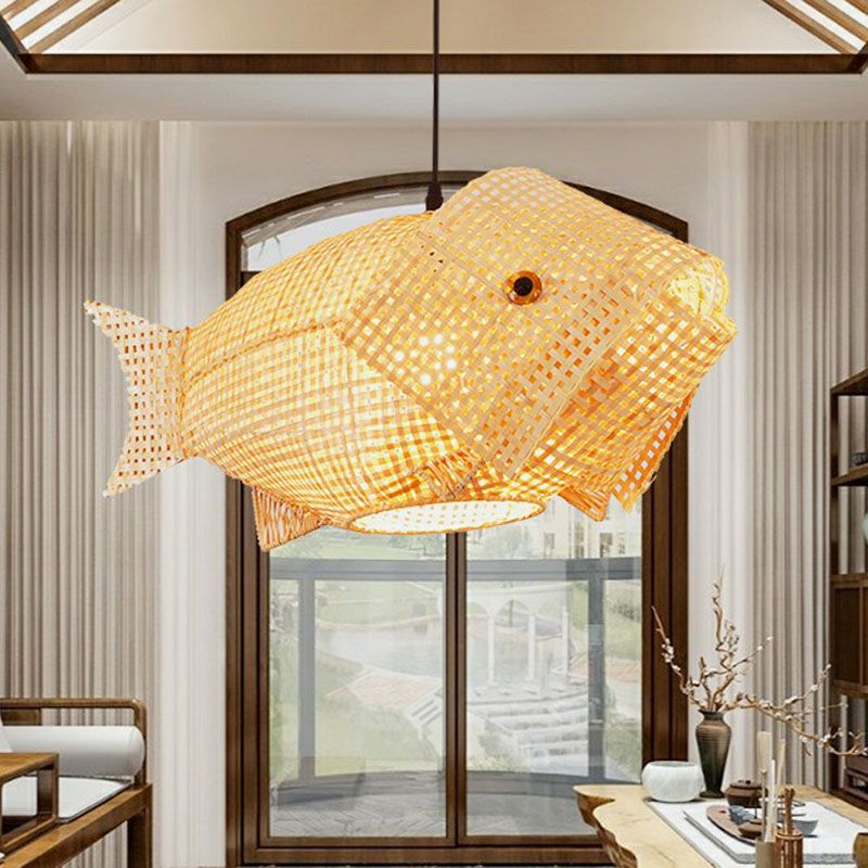 Bamboo Shaded Pendant Light Contemporary Single-Bulb Suspension Light Fixture in Wood