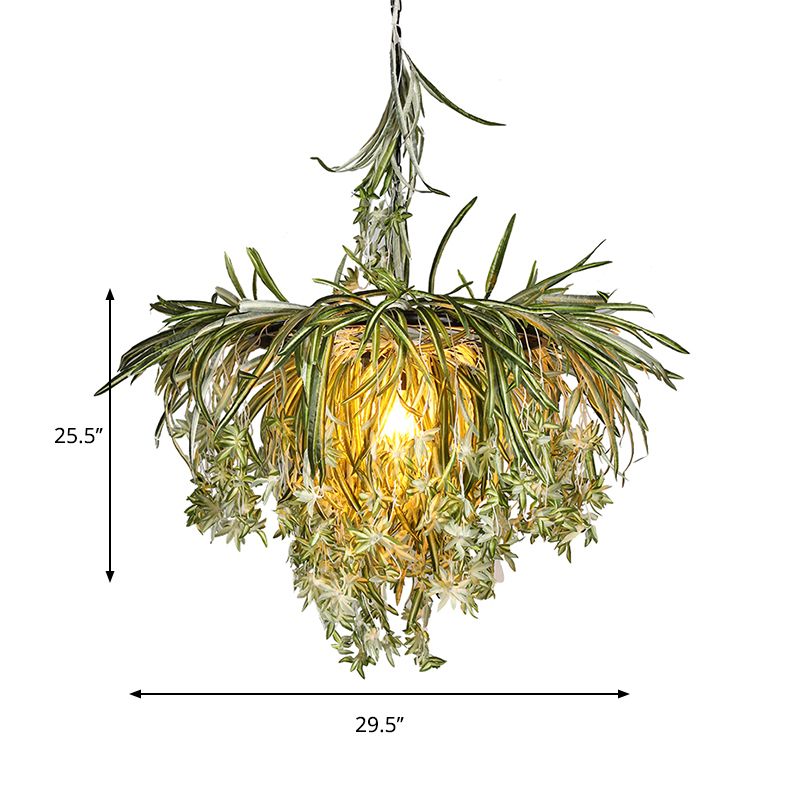 Loft Round Ceiling Pendant Light 1 Bulb Metal Hanging Lamp Kit with Artificial Plant Decor in Green