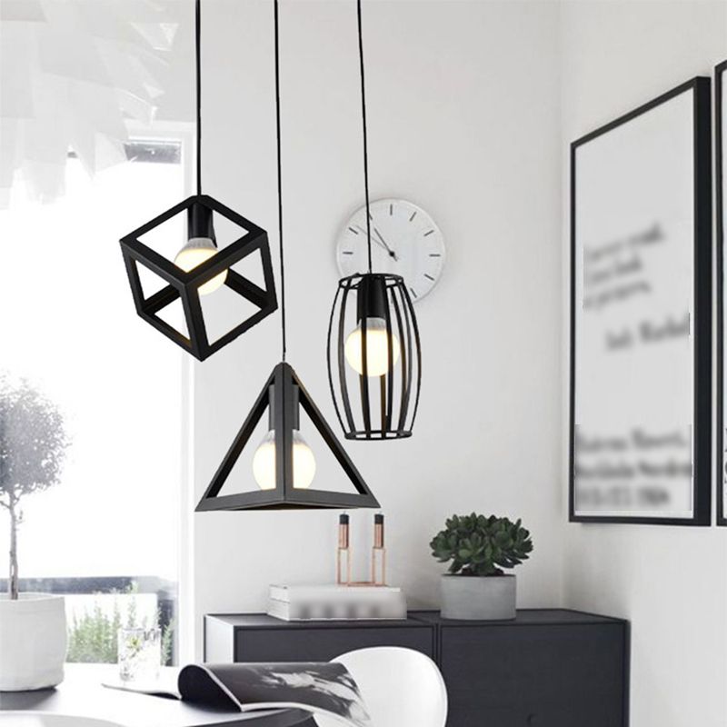 Cage Pendant Light Fixture Vintage Black Metal Suspension Lighting