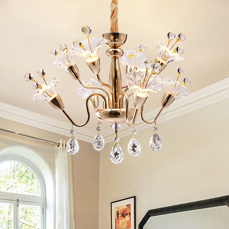 Clear Crystal Blossom Ceiling Light Modern 8-Head Gold Chandelier Lighting Fixture with Curvy Arms