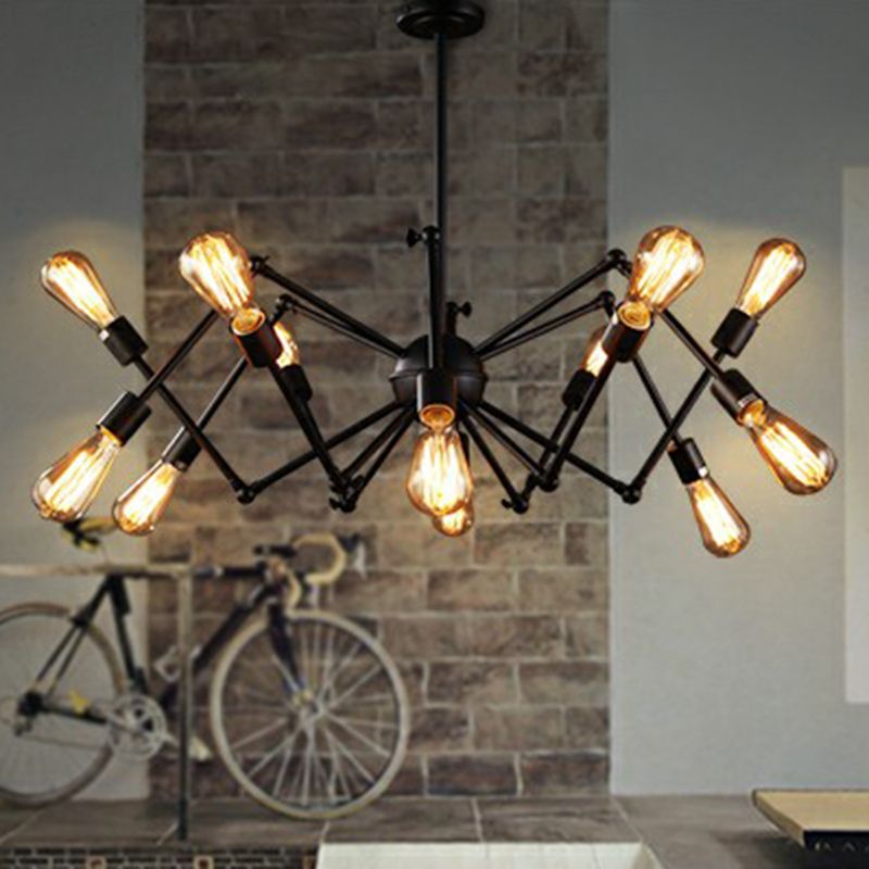 Iron Exposed Bulb Chandelier Lighting Loft Style Restaurant Hanging Lamp with Swing Arm in Black