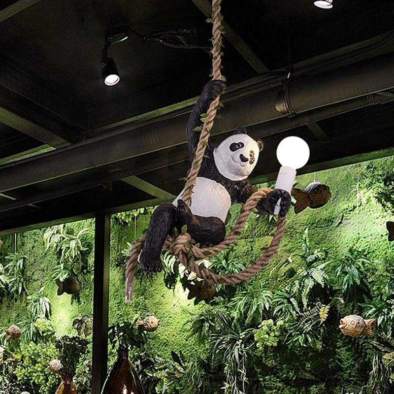 Panda Pendant Light Fixture Creative Resin 1 Bulb Hanging Lamp Kit with Rope Rod in Black and White