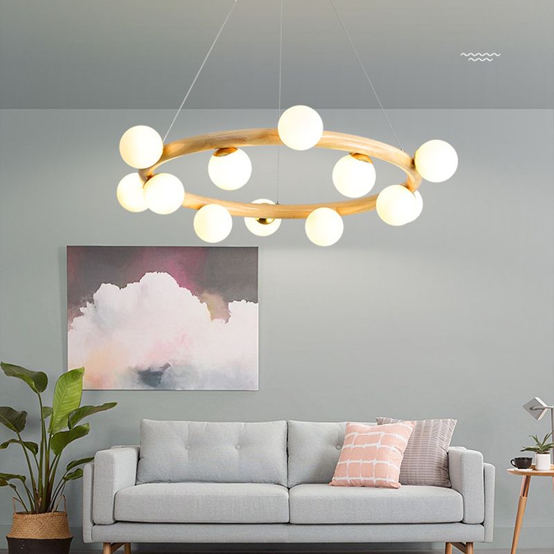 Modern Ceiling Pendant Wood Light Opal Glass Light Foyer Indoor Light