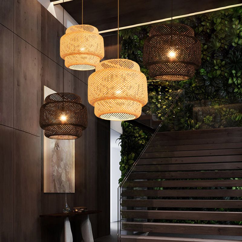 Lantern Bamboo Rattan Shape Pendant Hanging Lamp Asia Style 1 Light Hanging Ceiling Light  for Living Room