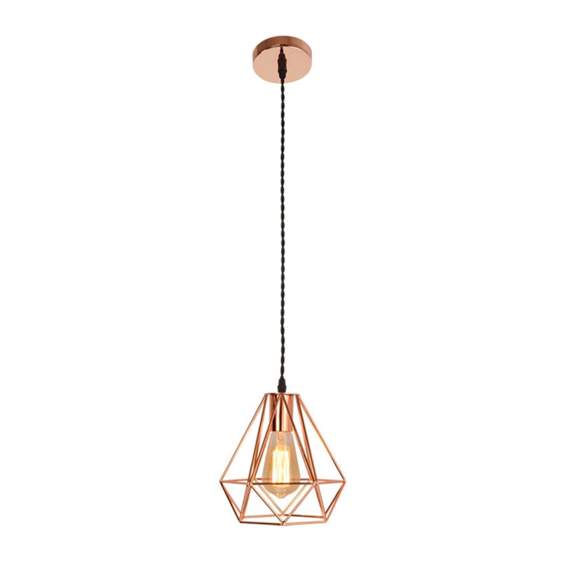 Diamond Cage Hanging Ceiling Light Simple Metal Dinning Room Pendant Lighting in Copper