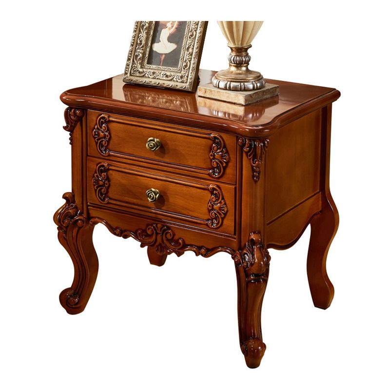 Traditional Night Table Red Wood Accent Table Nightstand with 2 Drawers