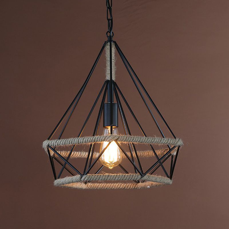 Rural Flared/Birdcage/Basket Pendant Lamp Single-Bulb Natural Rope Hanging Light Fixture in Black and Brown