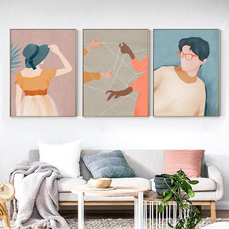 Nordic Figure Drawing Wall Art Pastel Color Textured Canvas Print for Teens Bedroom