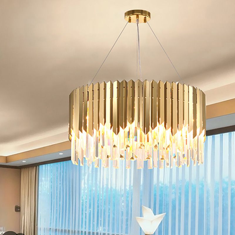 Tri-Sided Crystal Rod Drum Hanging Light Postmodern 6 Heads Gold Chandelier Pendant Light