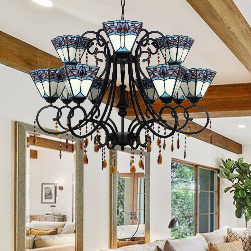 Rustic Tapered Hanging Light Stained Glass 11 Lights Chandelier with Crystal in White for Stairway