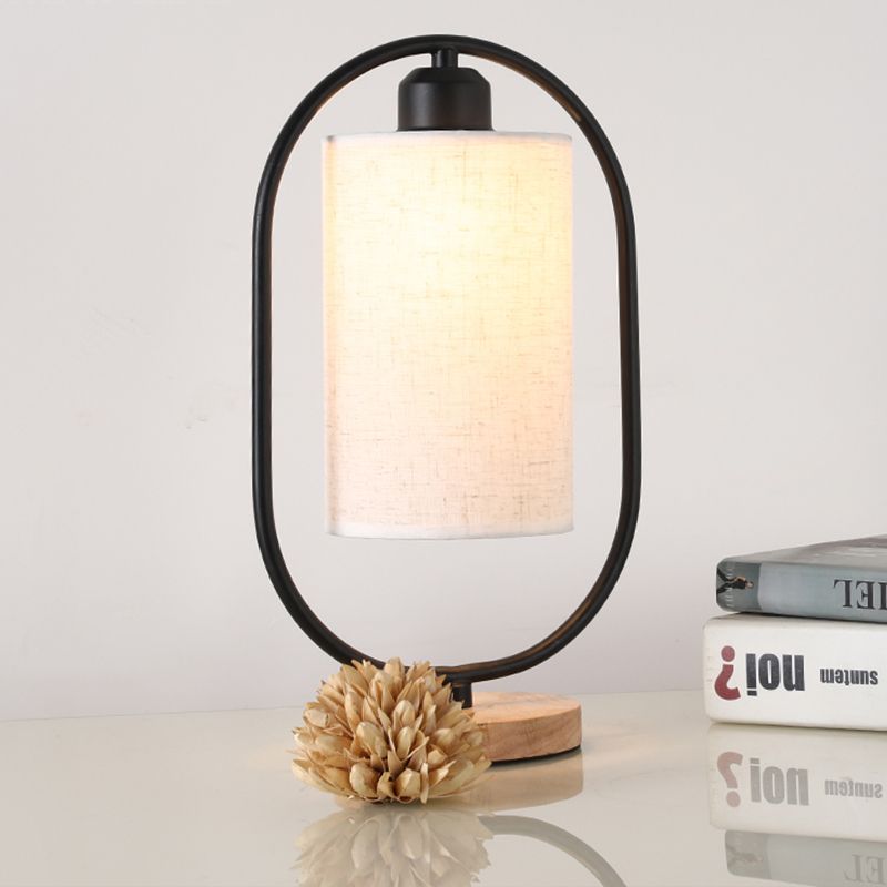 Column Plug In Nightstand Lighting Modern Fabric 1-Light Bedside Table Light with Black/White Ellipse Frame and Wood Base