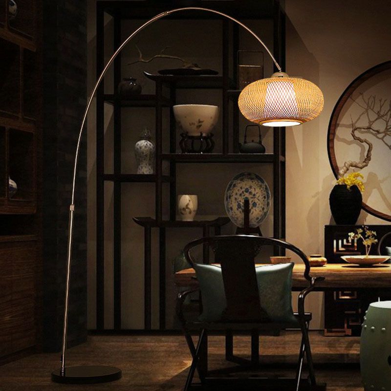 Lantern Tea Room Standing Light Bamboo 1 Bulb Minimalist Floor Lighting with Fishing Rod Arm in Wood