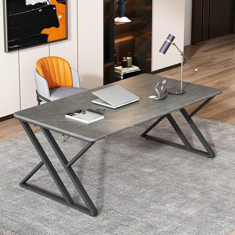 Contemporary Office Desk Rectangular Grey Writing Desk with Metal Legs