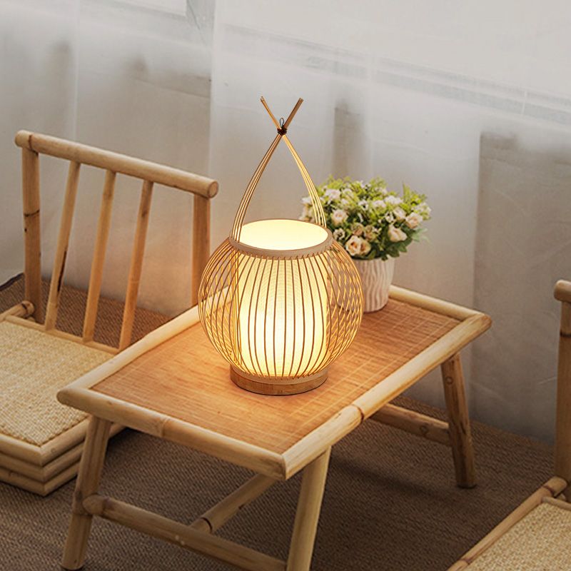 Beige Lantern Desk Light Asian Style Single Bulb Bamboo Night Table Lamp with Inner Tube Parchment Shade