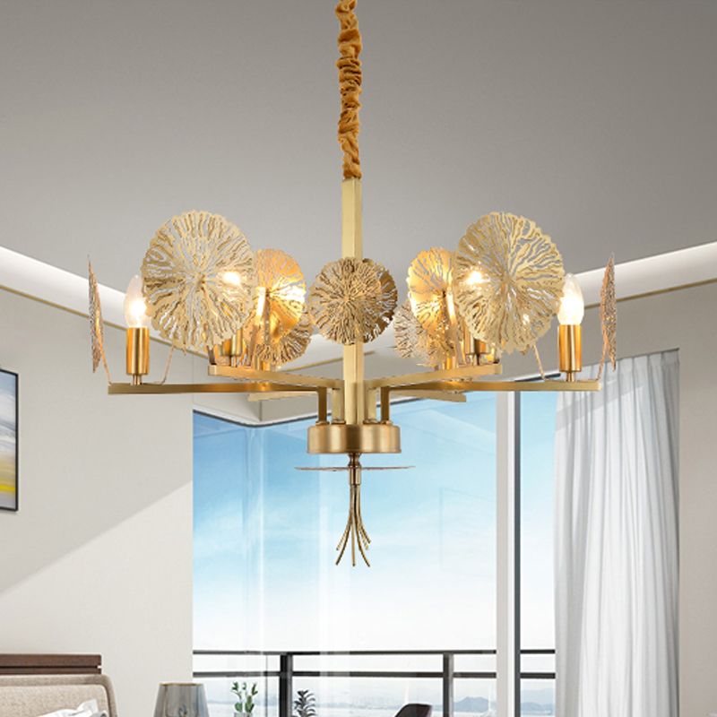 Colonial Lotus Pendant Ceiling Light 6/8 Heads Metal Chandelier Lighting Fixture in Gold for Living Room