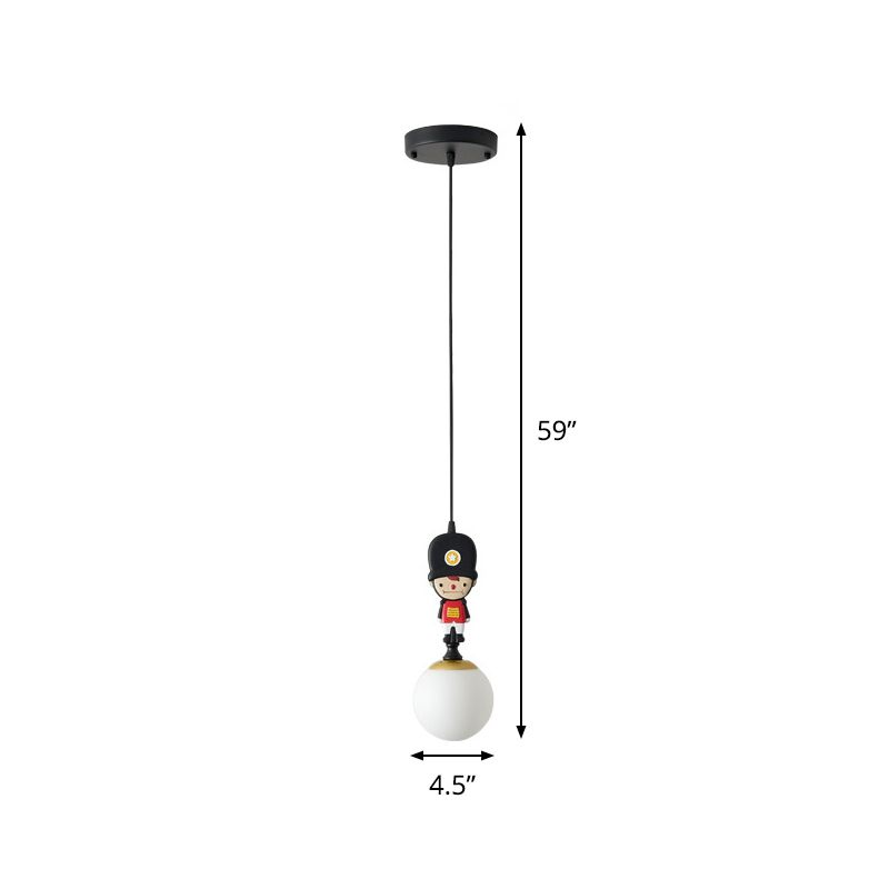 Globe Glass Hanging Lamp Cartoon 1 Head Black Pendant Lighting with Soldier Decoration