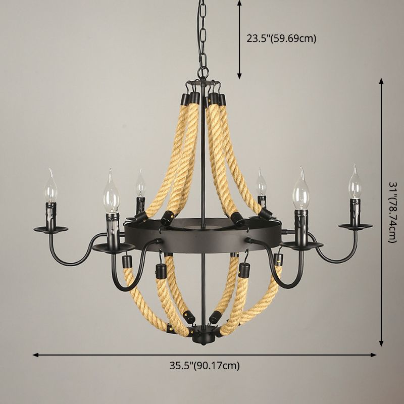 Rope Candelabra Pendant Light Fixture Retro Style Restaurant Chandelier Light in Black