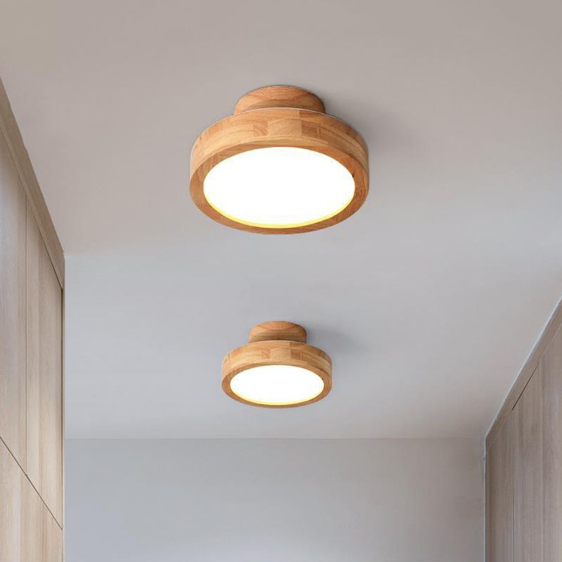 Round Semi Flush Ceiling Light Modern Style Wooden 1-Light Semi Mount Lighting