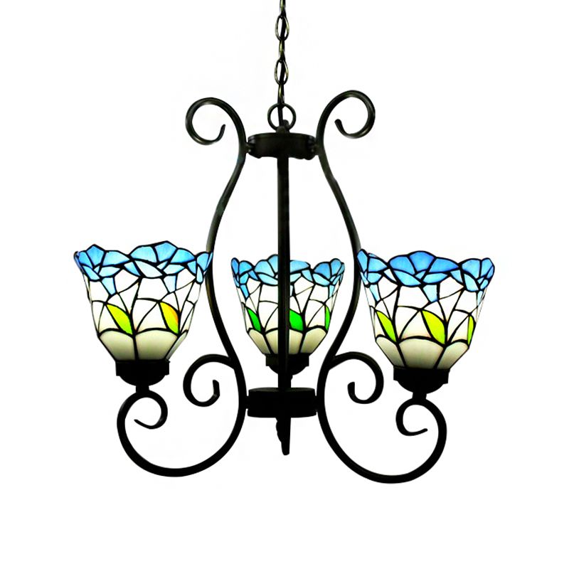 Flared Pendant Lighting Rustic Stained Glass 3-Light Flower Chandelier Light in Blue for Living Room