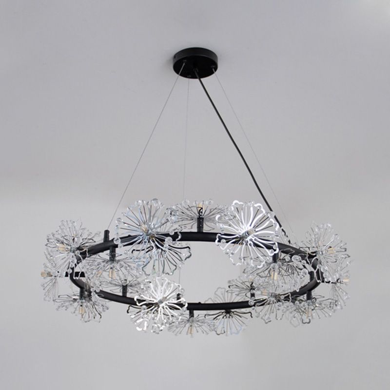 Flower Living Room Hanging Light Fixture Crystal Beaded 15 Heads Contemporary Chandelier Lamp in Black