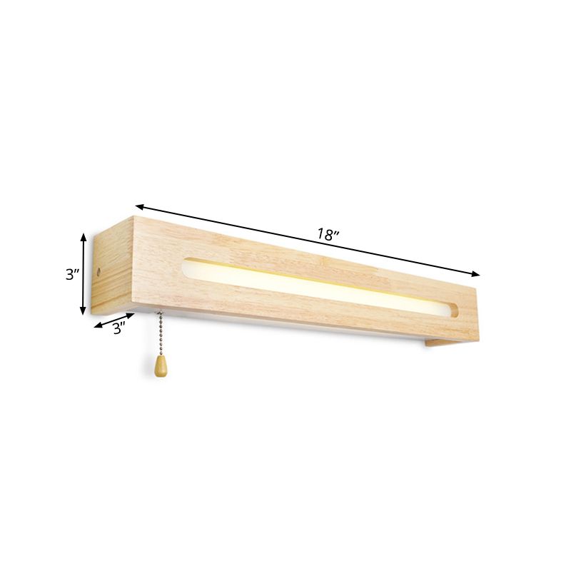 Rectangular Vanity Lamp Modern Wooden 18"/21.5" Wide 1-Head Beige Wall Sconce Light with Diffuser and Pull Chain