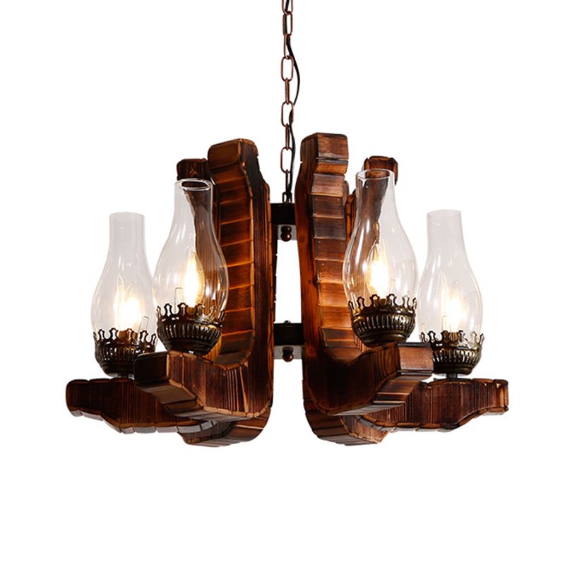 6-Light Clear Glass Chandelier Lighting Warehouse Brown Kerosene Restaurant Drop Pendant with Wood Twisted Arm