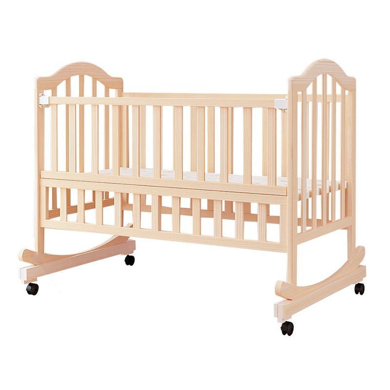 2-in-1 Wooden Crib with Casters Natural Mini Crib with Guardrail and Mattress