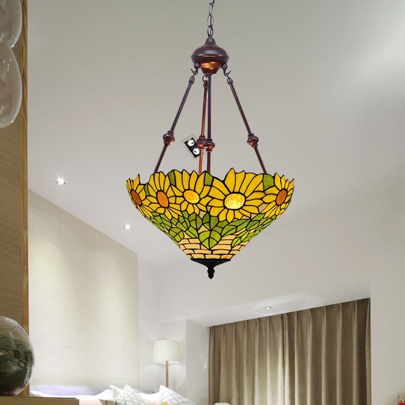 2 lumières Cuisine plafond lustre méditerranéen rouge / jaune / orange avec nuance de vitrail de fleur