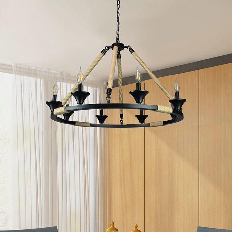 Candle Metal Chandelier Lighting Farmhouse 8 Lights Living Room Hanging Ceiling Light in Black