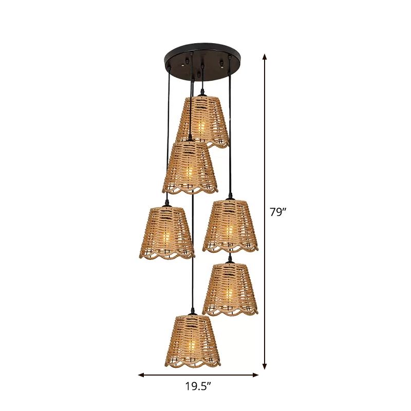 Rope Brown Pendant Lighting Scalloped-Trimmed Tapered 3/6-Head Rustic Multi Light Ceiling Light with Round/Linear Canopy