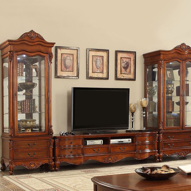 Traditional Style TV Stand Brown Birch Wood TV Cabinet with Shelves