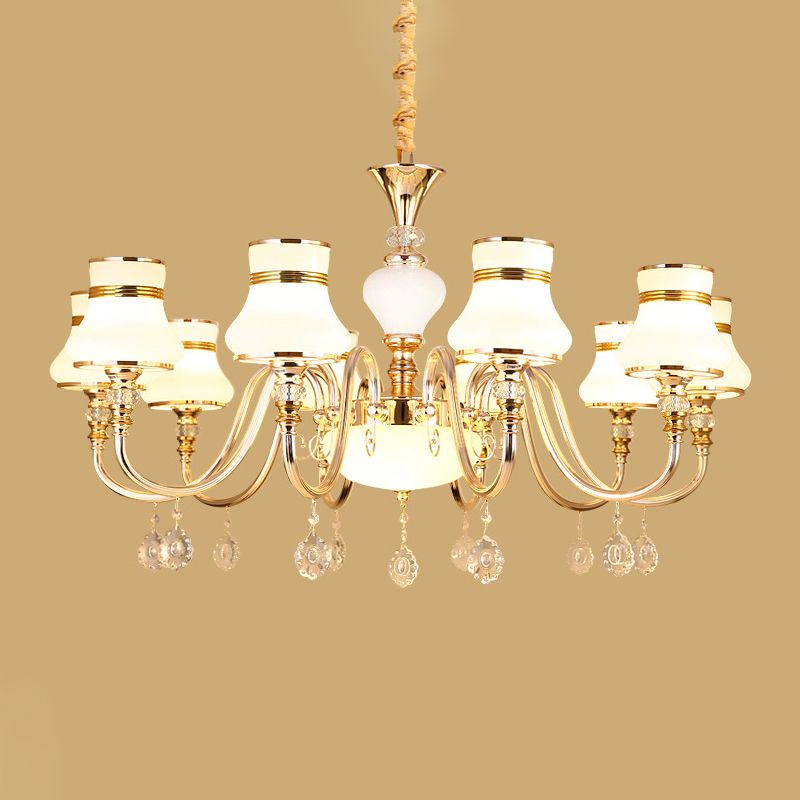 10-Light Flared Ceiling Chandelier Modern Gold Frosted Glass Pendant Lamp with Crystal Draping