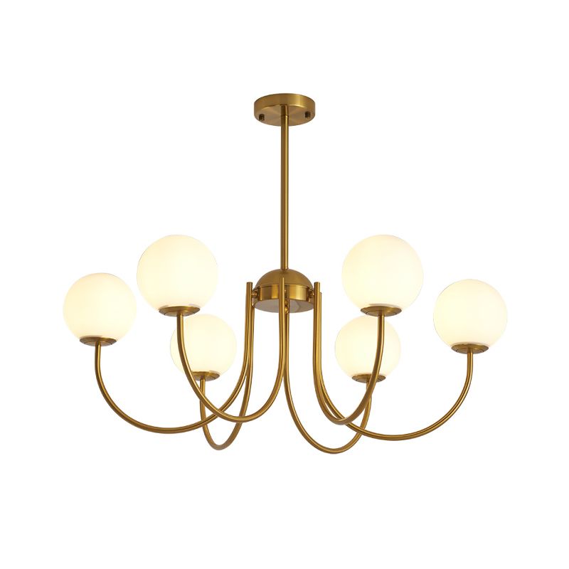 6 Heads Living Room Chandelier Lamp Modern Gold Hanging Light Kit with Orb Milk Glass Shade