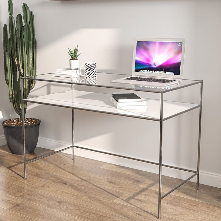 Contemporary Rectangular Writing Desk Glass H-Shape Office Desk