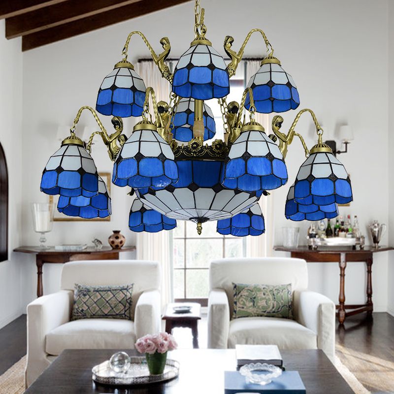 15 Lights Living Room Ceiling Lamp Tiffany Style Blue Chandelier Light with Dome Cut Glass Shade