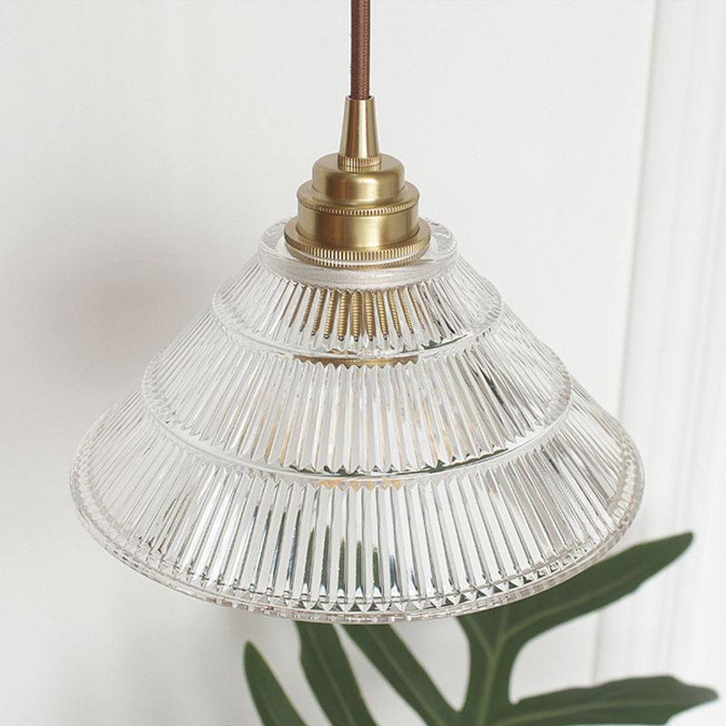 Cone Clear Ribbed Glass Pendulum Light Minimalist 1-Light Dining Table Suspension Lamp in Brass