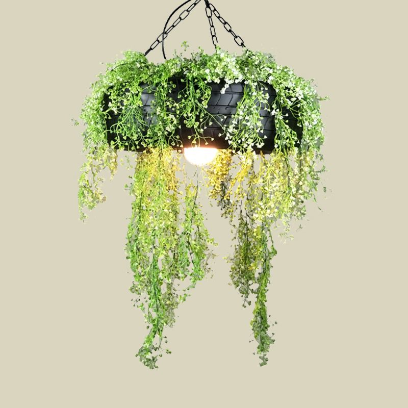 Tyre Dining Room Hanging Lamp Kit Industrial Metal 1-Bulb Green Ceiling Hang Fixture with Fake Vine Deco