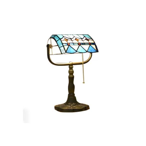 Blue/Orange 1 Light Table Lamp Tiffany Stylish Stainless Glass Rollover Shade Bankers Table Lamp with Pull Chain