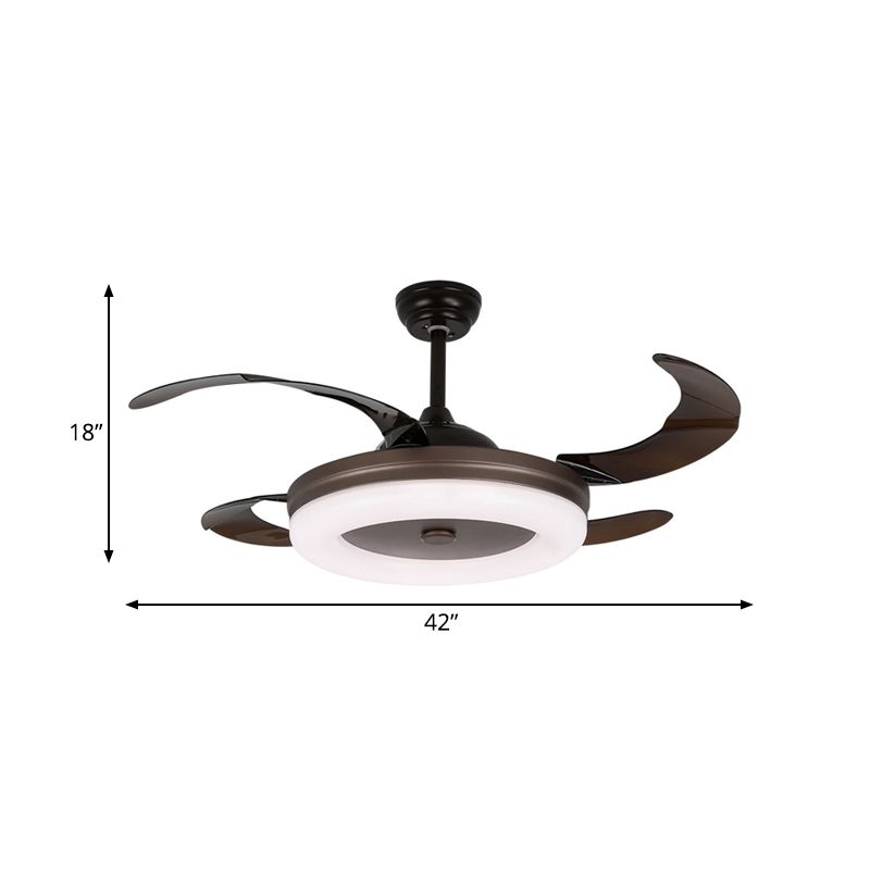 42" W Simple Circle Pendant Fan Light LED Metal Semi Flush Mount Lighting in Coffee with 4 Blades, Remote/Wall Control/Remote and Wall Control