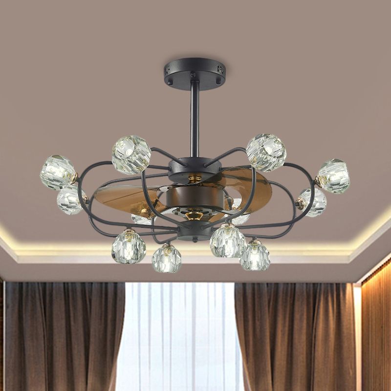 Traditional Swirling Metal Frame Semi Flush 12 Heads Crystal Ball Shade Ceiling Fan Lamp in Black with 3 Blades, 33.5" Wide