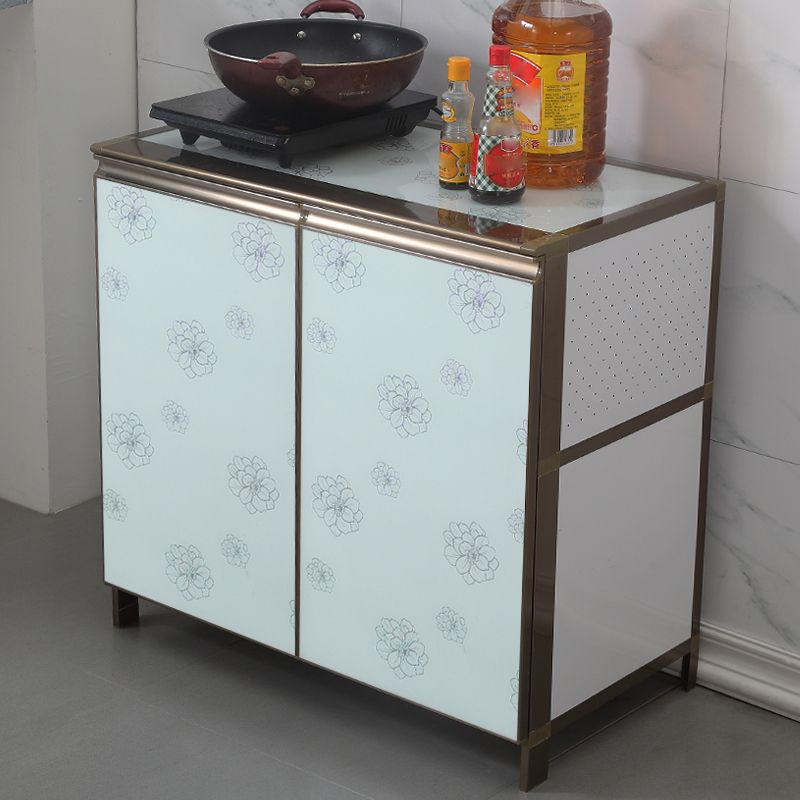 Modern White Metal Sideboard Tempered Glass Doors Cabinets Dining Server for Living Room