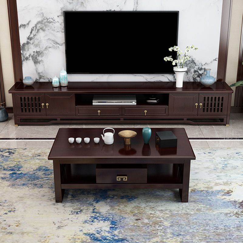 Traditional TV Media Stand Open Shelving Rubberwood TV Stand Console with Drawers