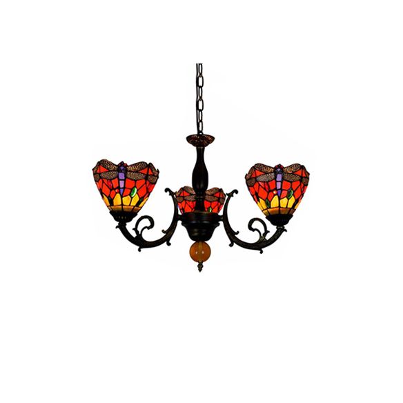 CONIC ROUGE HORTING LEILLE VINTAGE VINTAGE VERRE 3 LUMIÈRES CHANDELIER INVERTED avec motif de libellule