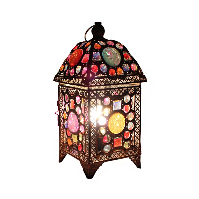 Wrought Iron House Desk Light with Beads Restaurant 1 Light Moroccan Multi-Colored Desk Lamp in Black and Pink