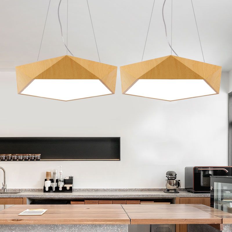 Nordic Pentagonal Chandelier Lamp Acrylic Office LED Pendant Ceiling Light in Light Wood