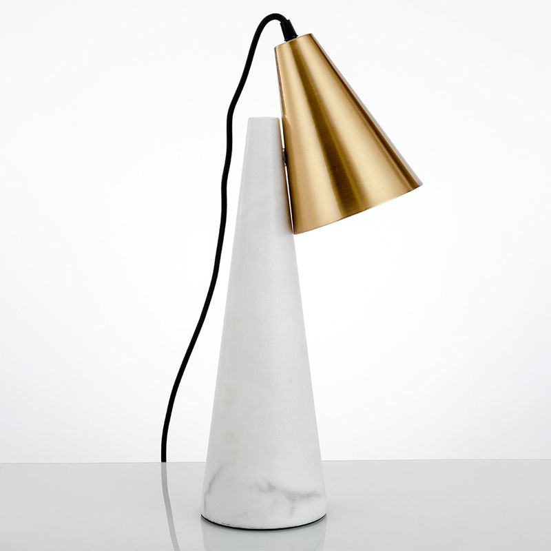 Designer Conical Table Light Marble Single-Bulb Living Room Night Lamp in White/Green and Gold